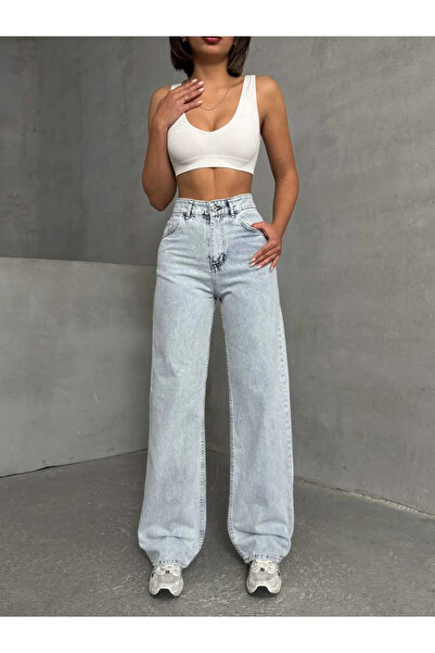 LİMABEL Milano Kadın Yüksek Bel Kar Yıkama Likralı Geniş Paça Palazzo Jeans