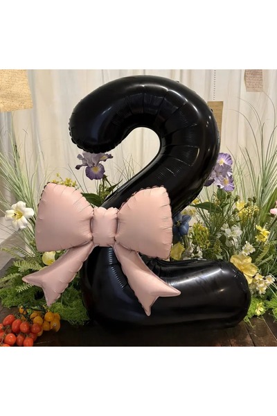 DÜVENCİ TİCARET 2 li büyük boy siyah rakam folyo balon, pembe fiyonk süslemeli