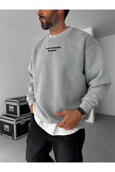 BYBASICMAN Gri The Power Kabartmalı Sweatshirt TW-7087