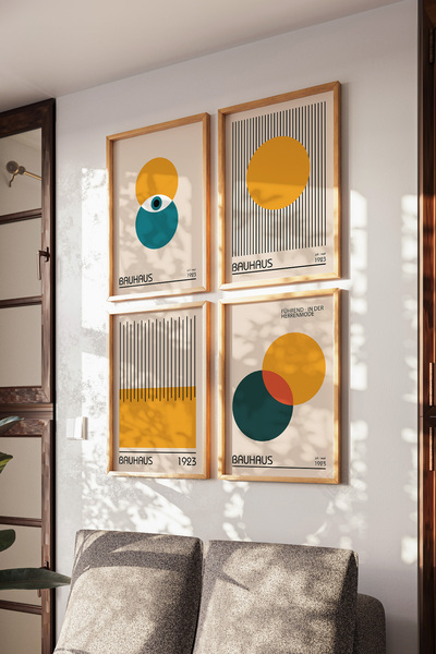 Basquiart Set de 4 postere cu ramă din lemn Bauhaus, set de picturi nr:23