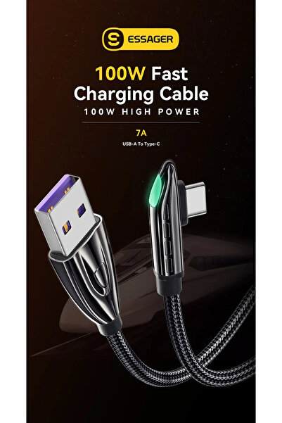 essager كابل شحن 90 درجة، كابل بيانات 7A100W USB Type C، كابل شحن سريع LED 5A...