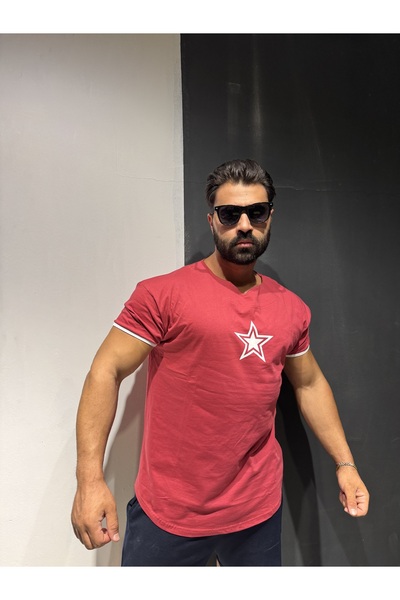 Bas Body FitnessWear Dar Kol Fit Model Kırmızı Oversize Kesim Yıldız Ol