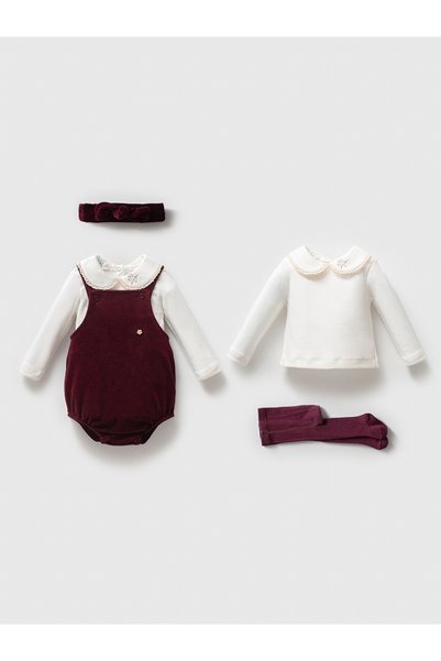 Pure Kids Store Boxed Baby Girl 4 Piece Set 100% Organic Cotton Combed Shirt & Velvet Romper Set