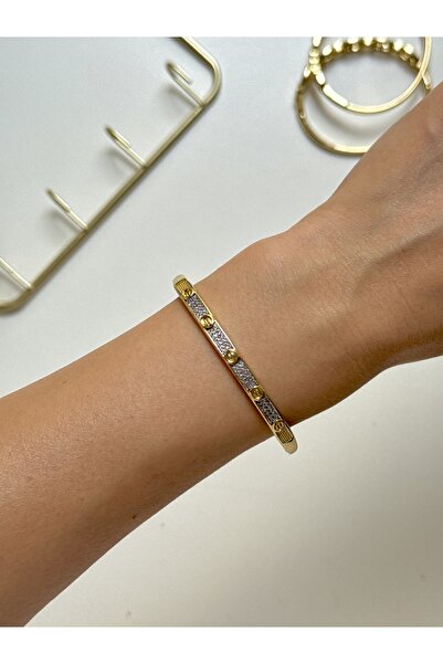 YOUES JEWELRY 316L Çelik VIP SERİ 14K Altın Renk Minimal Taşlı Kelepçe Bilezik Kadın Erkek Unisex Bileklik