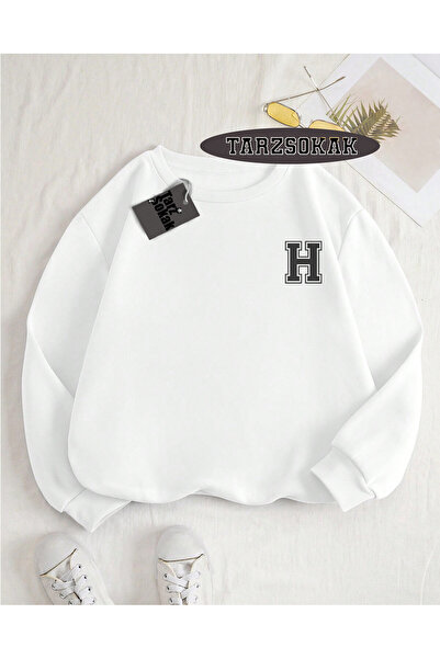 Biscle Collar Sweatshirt White LETTER H Name Specific Design