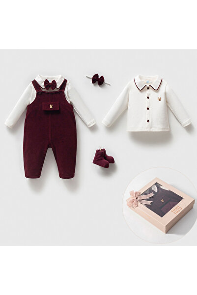 Pure Kids Store Kutulu Erkek Bebek 4 Parça %100 Organik Pamuk Penye Gömlek & Kadife Salopet Bebek Takımı