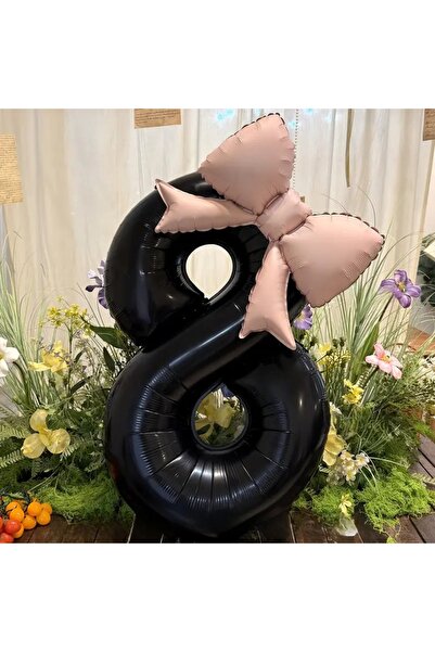 DÜVENCİ TİCARET 2 li büyük boy siyah rakam folyo balon, pembe fiyonk süslemeli