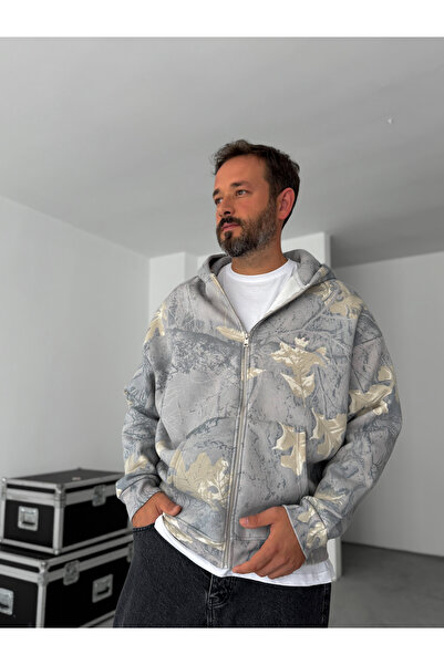 BYBASICMAN Gri Yaprak Desenli Fermuarlı Sweatshirt HM-0016