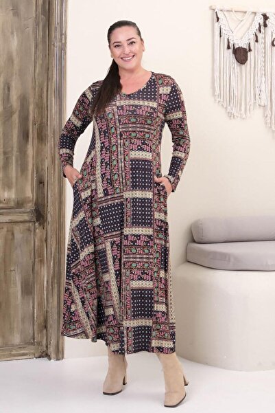 Truva XXL Plus Size Full Length V-Neck Authentic Patterned Viscose Lycra Long Sleeve Dress