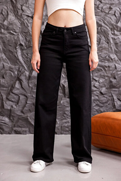 LİMABEL Milano Kadın Yüksek Bel Siyah Likralı Geniş Paça Palazzo Jeans 2025
