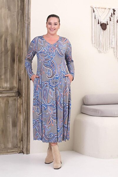 Truva XXL Plus Size Full Length V-Neck Patterned Viscose Lycra Long Sleeve Dress