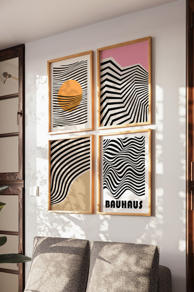 Basquiart Poster minimalist Bauhaus, set de 4 piese cu ramă din lemn, set de ...