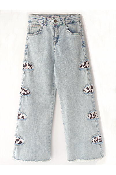 DobaKids Leopar Kumaş Garnili Destroyed Bol Paça Loose Fit Kız Çocuk Jean Pantolon Buz Mavi