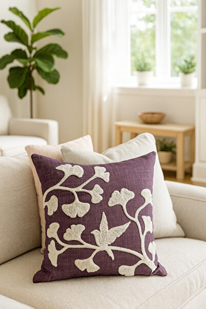 Pilloveland Punch Nakışlı Kırlent Kılıfı - 43*43 Cm - Ginkgo Mürdüm- PNK001