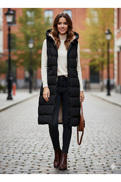 DHDmoda Siyah Astarı Açık Somon Pembe Cepli Fermuarlı Kapüşonlu Siyah Yelek