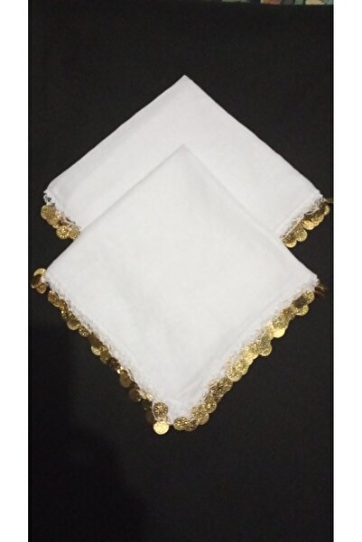 EL YAPIMI Beyaz tuğralı altın rengi metal boncuk işlemeli 2 adet tülbent