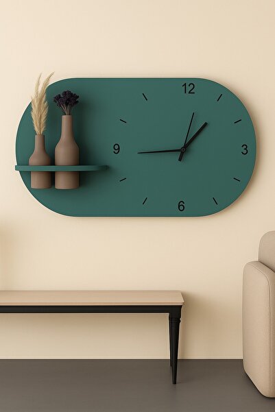 Nera Tasarım Modern Tasarım Raflı Nera Duvar Saati 75x45 Yeşil