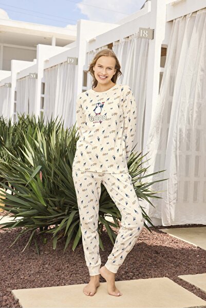 Aydoğan Lodos Store Жіночий комплект піжами з довгими рукавами з бавовняної рибани з новорічним малюнком пінгвінів, кремовий