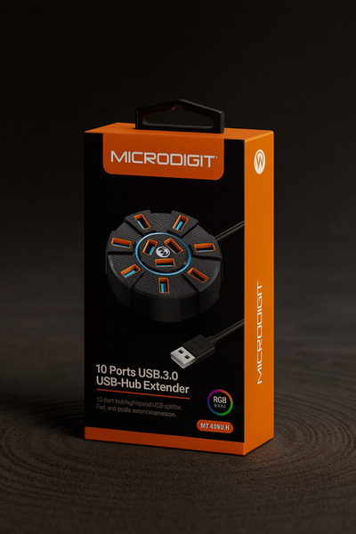 Microdigit موزع USB 3.0 من مايكرو ديجيت (10 منافذ) مع إضاءة RGB لنقل بيانات س...