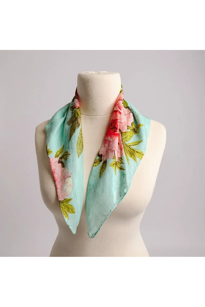 Bohem kutusu وشاح منقوش باللون الأخضر النعناعي من الحرير بنسبة 100% - إكسسوار...