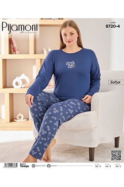 Pijamoni Büyük Beden Mavi Renkli Sofya Kumaş Sıfır Yaka Uzun Kollu Kadın Pijama Takımı