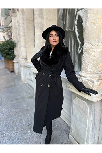 ZY BUTİK Siyah Seyyar Kürklü Kaşe Manto