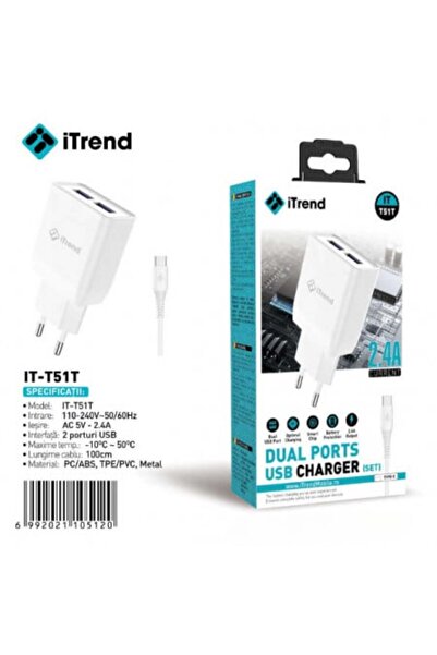 itrend Încărcător de telefon T 51 cu cablu USB Type-C și 2 porturi USB (2.4A)