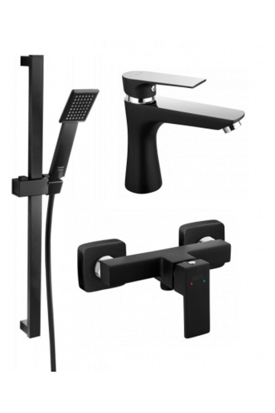 FERRO Set de baterie de duș 3 în 1 neagră, baterie de lavoar pătrată și bară de duș Sinus neagră