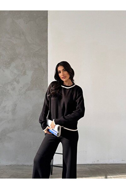 VAJESTO Γυναικείο Μαύρο Πλεκτό Σετ με Λεπτομέρεια Κομμένο Πλεκτό Ελαστικό Άνε...