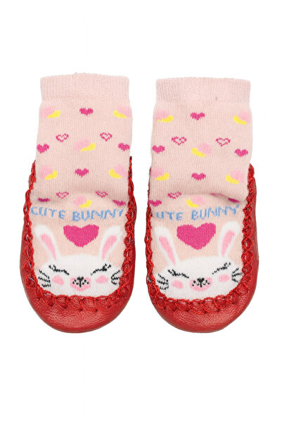 minissa baby kids Çarık Socks Non-Slip Leather Sole Red-Pink