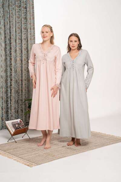 Lohussa Women's Powder Lace Collar Melisa Buttoned Winter Plus Size (Oversized) Long Sleeve Full Length Nightgown