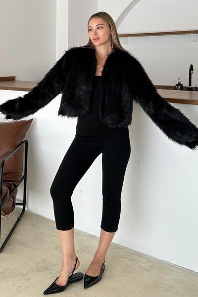 Olcay O-Neck Crop Faux Fur Jacket Black 1014