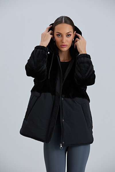 PIQUE Kadin Mont Kapüşonlu Rüzgar Geçirmez Peluş Panelli Kadın Mont