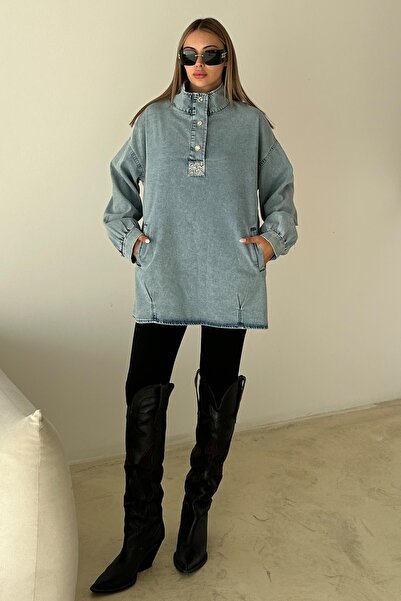 Olcay Τζιν τουνίκ casual με πέτρινη λεπτομέρεια στο μπροστινό μέρος ΜΠΛΕ 9831