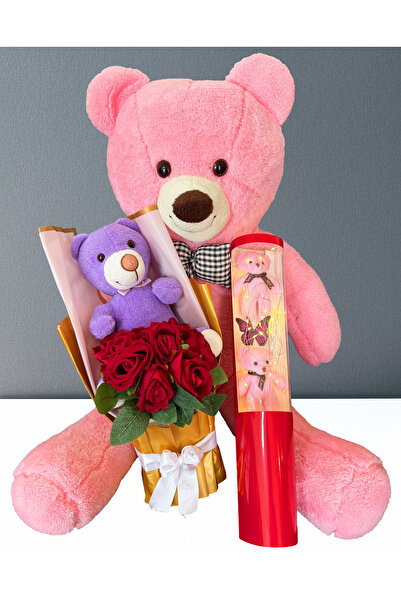 Linalux Gifts Kız Arkadaşa Hediye - 90cm Pembe Ayı - Mor Ayıcıklı Kırmızı Gül...