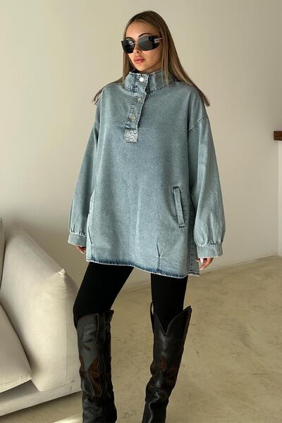 Olcay Τζιν τουνίκ casual με πέτρινη λεπτομέρεια στο μπροστινό μέρος ΜΠΛΕ 9831