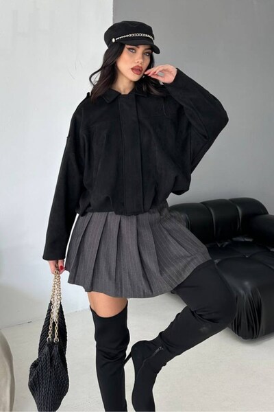 spirituel معطف نسائي قصير كبير الحجم من جلد الغزال بسحاب وياقة قميص وكتف منخفض