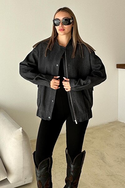 Olcay Snap Detailed Herringbone Bomber Jacket Anthracite 8275