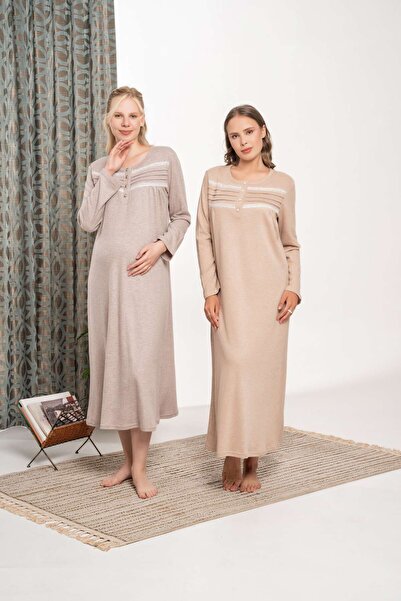 Lohussa Women's Mink Melange Lace Detailed Buttoned Winter Plus Size (Oversized) Long Sleeve Full Length Nightgown