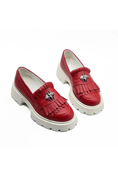 Piello Women's loafers, natural leather, with white sole and metal accessory, Red