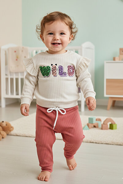 Lindakids Fitilli Kumaş % 100 Pamuk Omuzdan Çıtçıtlı Wild Baskılı Kız Bebek Takım 12-18-24 Ay