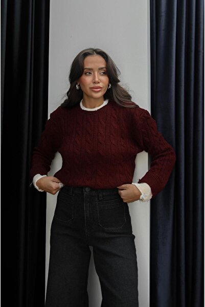 Havoş Pulover cu guler burgundă cu detaliu rupt