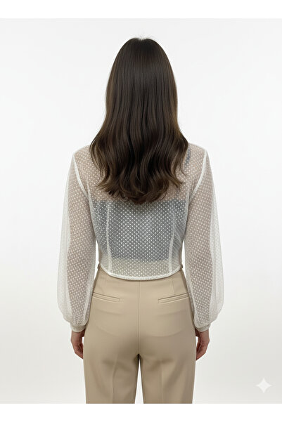 imoop design Women's Ecru Tulle Fabric Front-Tied Balloon Sleeve Bolero Blouse