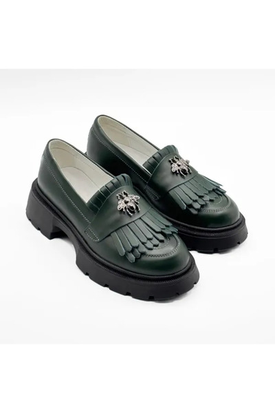 Piello Women's loafers, genuine leather, with fringes and metal accessory, Green