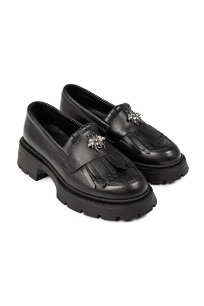 Piello Women's loafers, genuine leather, with fringes and metal accessory, Black