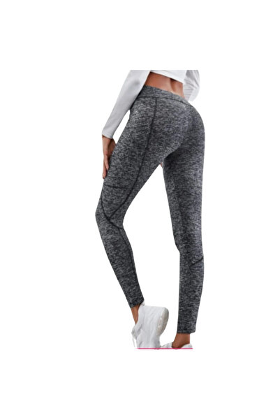 Fstyle Grey leggings with side pocket, long, tight gym clothes