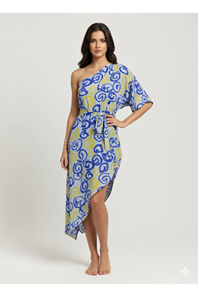 imoop design Women's Patterned One-Shoulder Slit Detailed Woven Chiffon Pareo