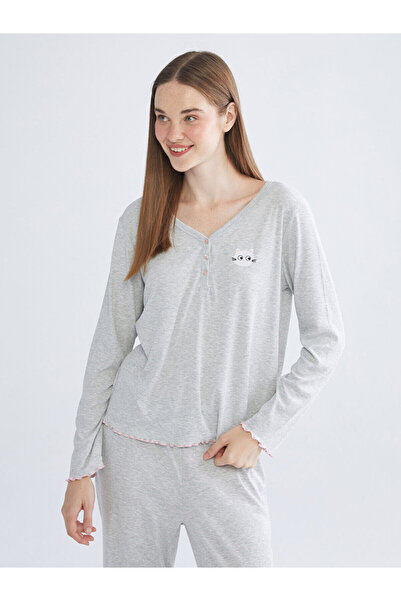 LC Waikiki Cey Yeni Sezon V Yaka Nakışlı Kadın Pijama Takımı
