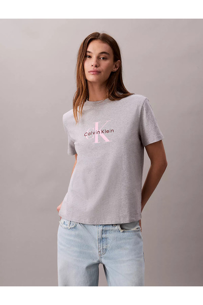 Calvin Klein Women's Regular Fit Round Neck 100% Cotton Ck Logo Printed Short Sleeve Gray T-Shirt Lv047B865G-P79