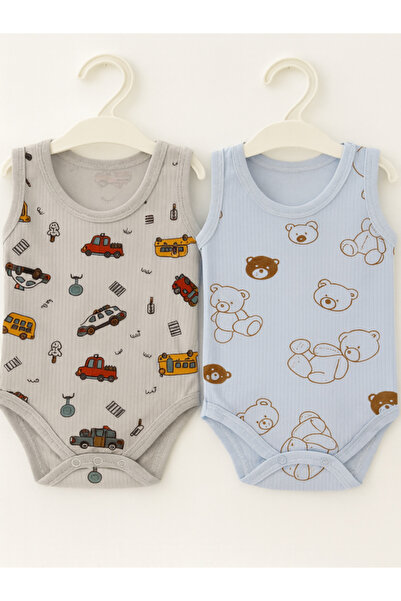 Nayinom 100% Cotton 2-Piece Baby Bodysuit Set Gray and Blue Printed - Soft Fa...